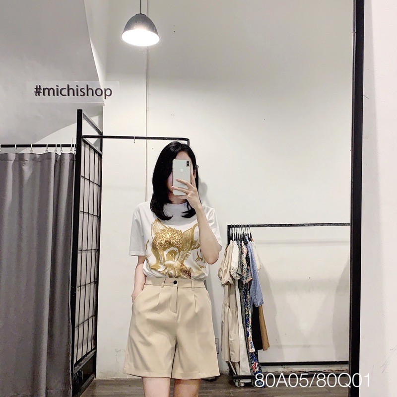 Quần short vải ống rộng lưng chun màu đen-be 80Q01