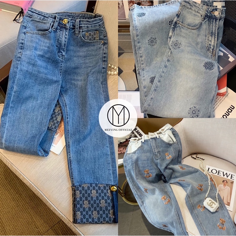 Quần jeans nữ ống rộng, hàng Quảng Châu cao cấp. Quần bò nữ ống rộng lưng cao, thêu hình