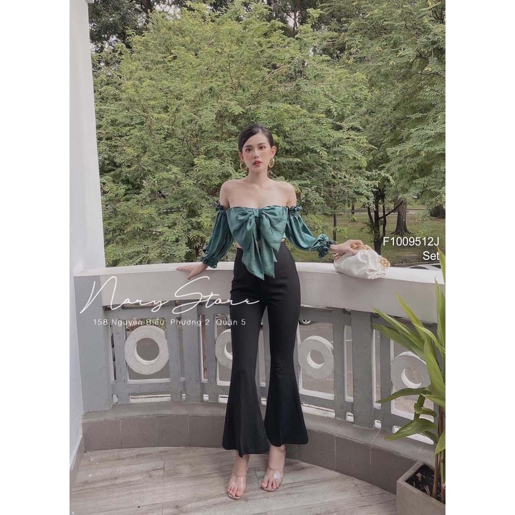 (kèm ảnh thật) Set áo croptop phối nơ ngực trễ vai tay lửng bo kèm quần dài đen ống loe