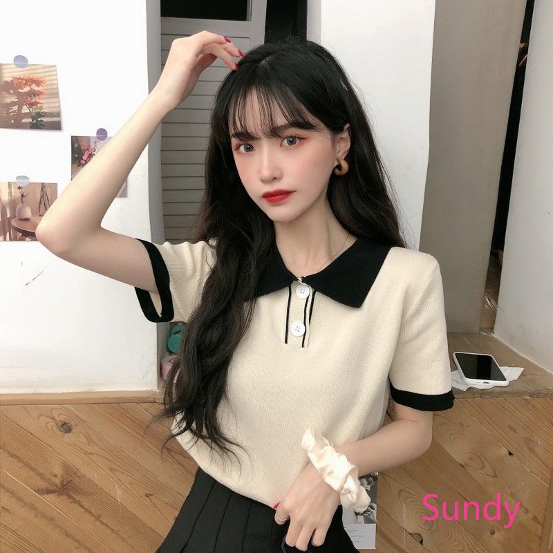 Áo polo dệt kim ngắn tay thời trang mùa hè năng động cho nữ