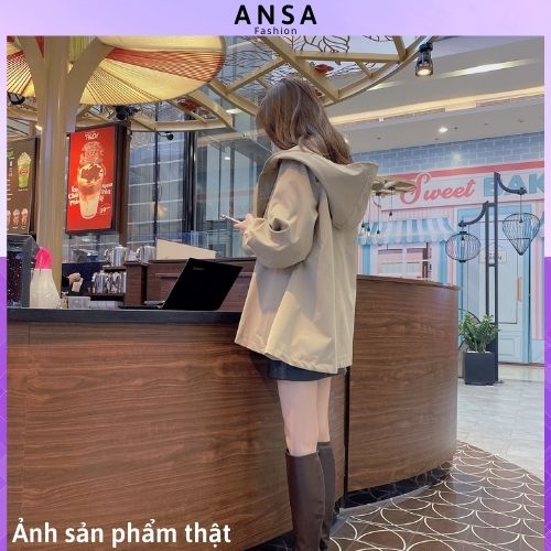 Áo khoác nữ có mũ form rộng dài tay màu nâu tây