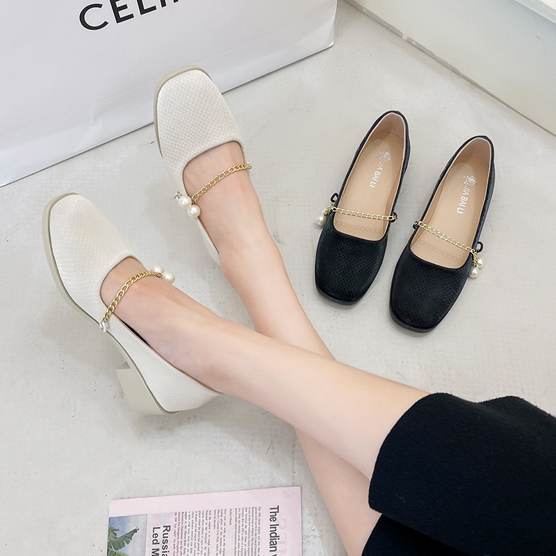 Giày cao gót IELGY mũi vuông đính ngọc trai dây xích phong cách Hàn Quốc