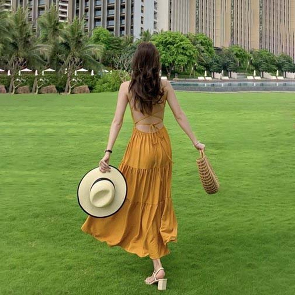 Đầm Đi Biển - Váy Đầm Maxi Dài Dáng Xòe Hai Dây Cổ Vuông Đan Dây Thiết Kế Siêu Xinh
