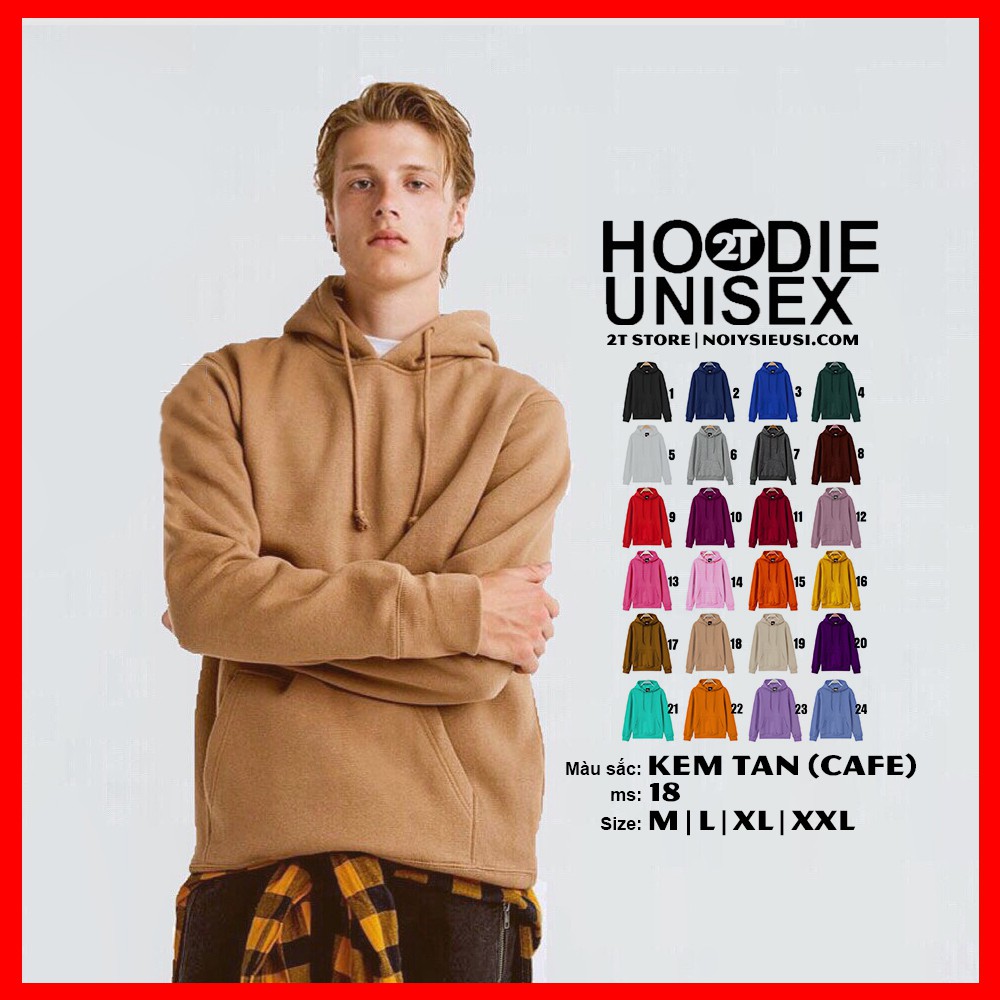 Áo hoodie unisex 2T Store H18 màu kem tan cafe - Áo khoác nỉ chui đầu nón 2 lớp dày dặn đẹp chất lượng