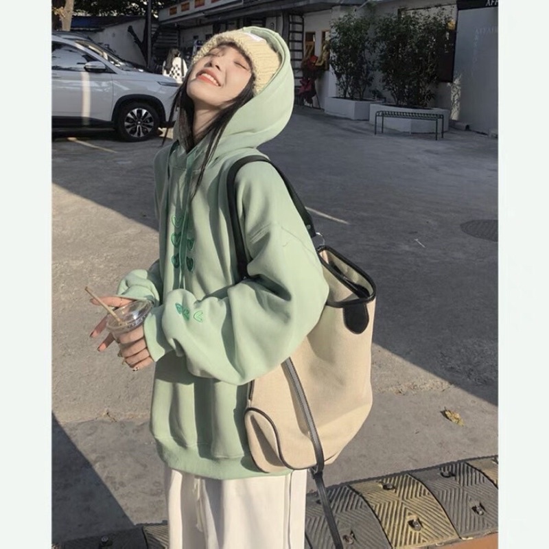 Áo hoodie mint icon tim xanh Unisex  Sweater nỉ form rộng tay phồng mũ 2 lớp kiểu dáng nổi bật hàn quốc Jolie