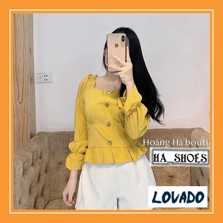 Áo tiểu thư thắt eo cổ vuông đính khuy cúc