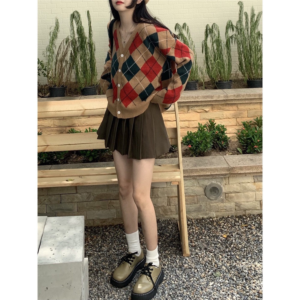 -  Quà tặng sinh nhật, bạn gái Set áo cardigan len ô/ Skirt ly ngắn