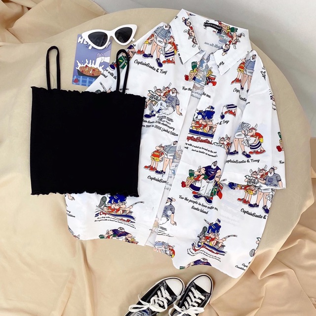 Cả Set Sơmi Hoạ Tiết CropTop Hai Dây Trơn Ảnh Thật