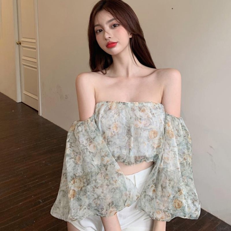 Áo trễ vai tay bồng dài phồng croptop kiểu nữ in họa tiết hoa dễ thương phong cách Hàn Quốc thời trang mùa hè K4T2-4