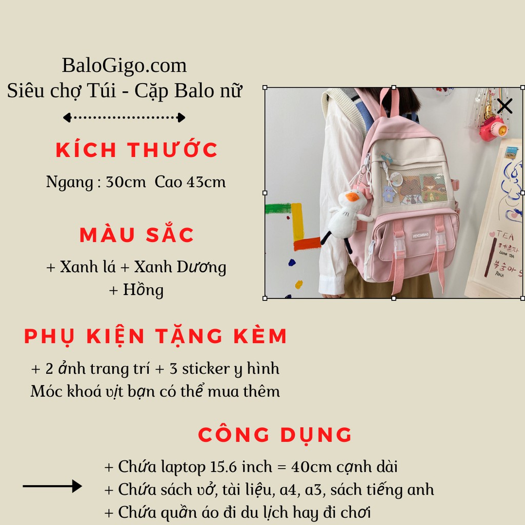 Balo đi học nhiều ngăn dễ thương, tặng 2 ảnh và 3 sticker như hình G247 - BaloGigo