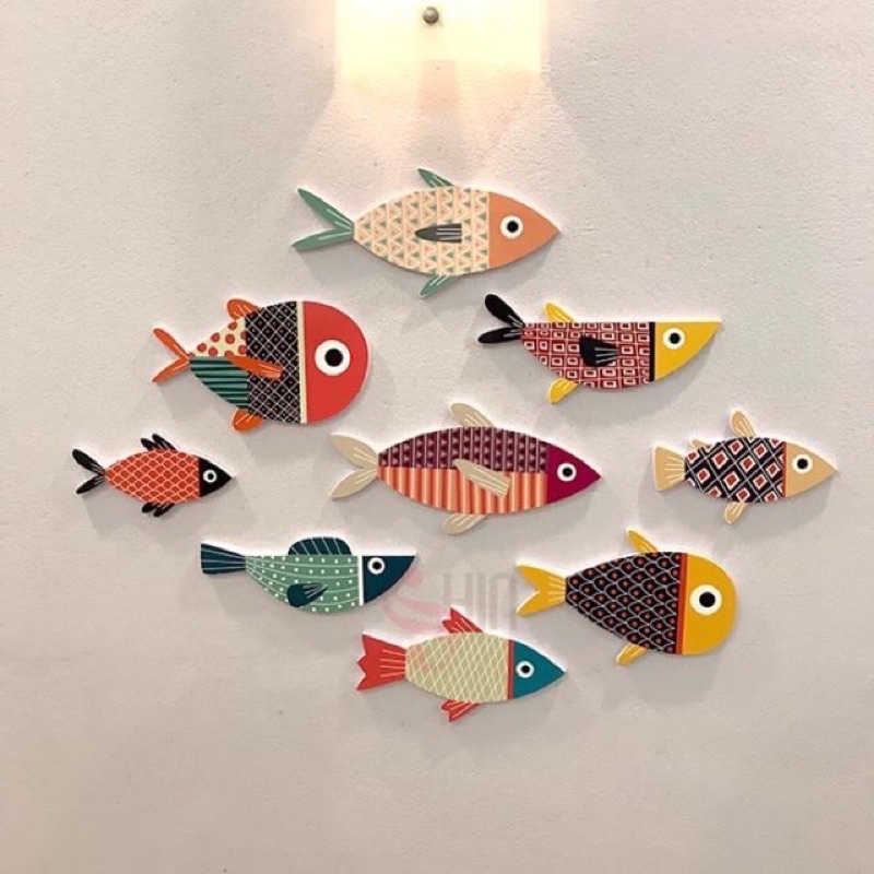 Bộ tranh Cá decor dán tường trang trí phòng khách, phòng ngủ, tranh cá treo tường gắn sẵn băng dính nano 3M