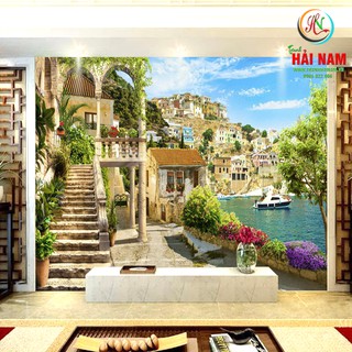 Tranh dán tường 3D phong cảnh châu âu khổ lớn 3m Trang trí phòng vải lụa kim tuyến