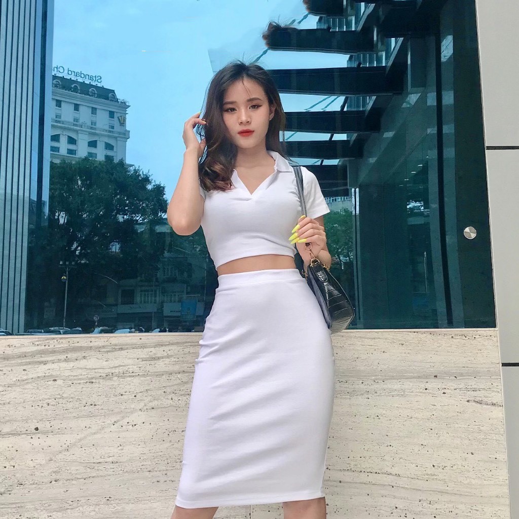 Set váy body áo croptop cổ bẻ mới 2021