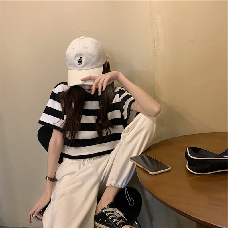 IELGY  Áo Thun Tay Ngắn Dáng Rộng Họa Tiết Kẻ Sọc Màu Đen Thời Trang Cho Nữ