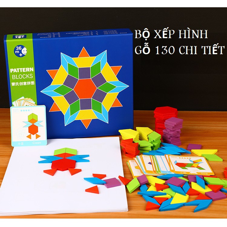 Đồ chơi gỗ ghép hình sáng tạo Pattern block 130 chi tiết giáo dục sớm hình học Montessori cho bé 3 4 5t My Mickey Shop