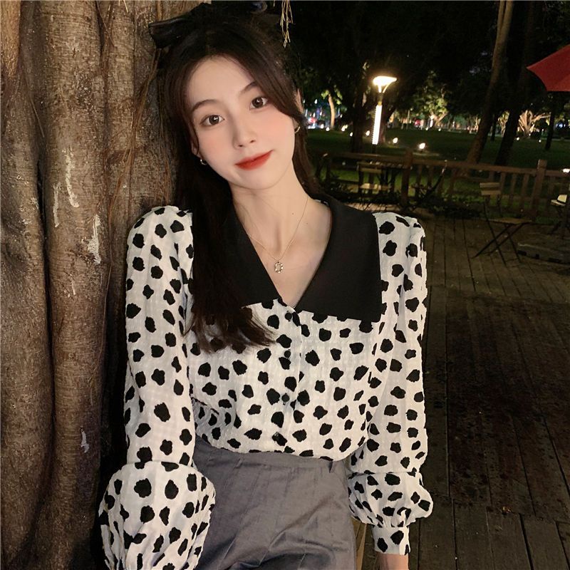 Áo sơ mi BH chấm bi cổ búp bê dài tay thời trang Hàn Quốc dành cho nữ 2022
