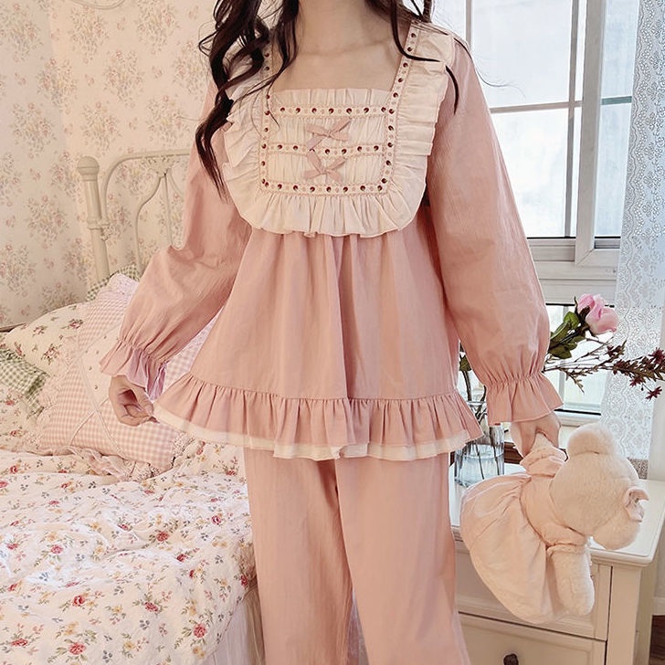 Bộ Đồ Ngủ Tay Dài Cổ Vuông Màu Trơn Dễ Thương Phong Cách Nhật Bản Thời Trang Xuân Thu Cho Nữ