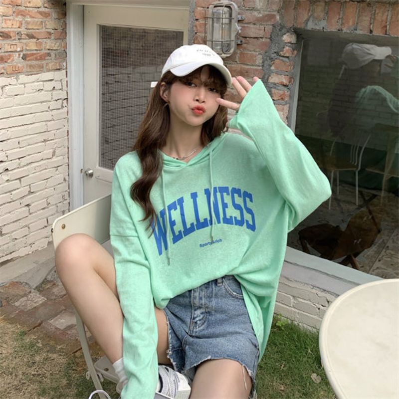 (ORDER) Áo thun hoodie trơn màu dài tay in chữ Wellness các màu pastel siêu dễ thương