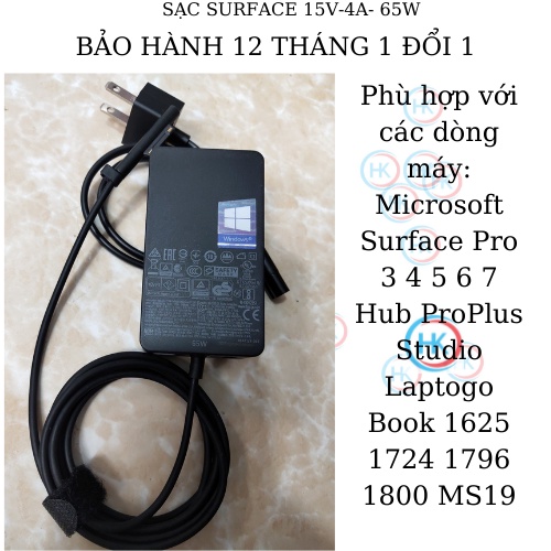 Sạc Surface Pro 4 M3 15v-4a 65W Microsoft Surface Pro 3 4 5 6 7 Hub ProPlus Studio Laptogo Book 1625 1724 1796 1800 MS19