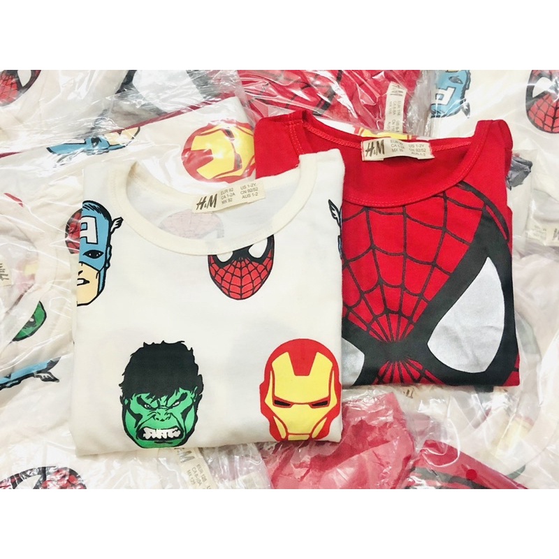 Set 2 áo cotton dài tay nhện đỏ trắng cho bé trai size từ 12-32 cân