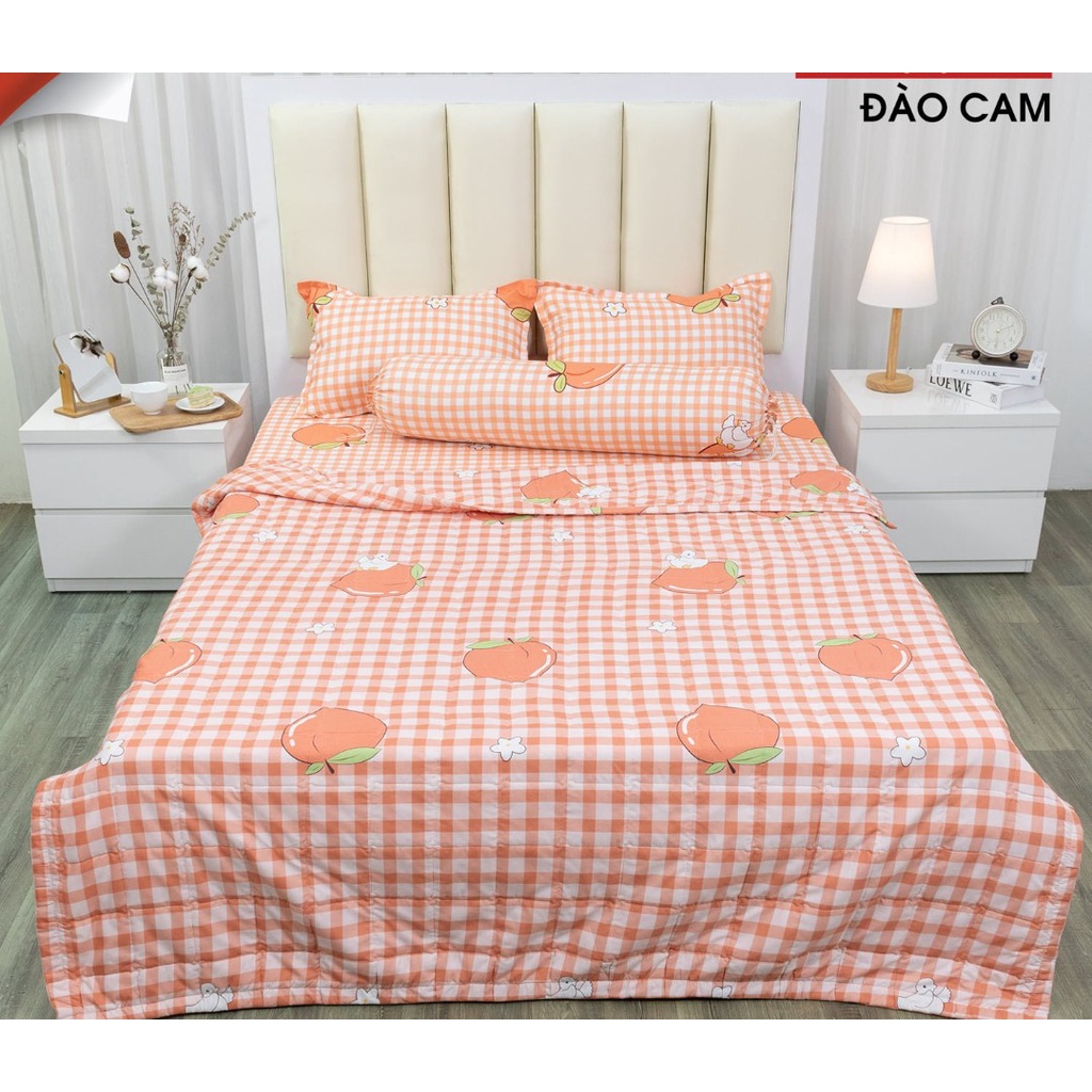 Bộ chăn hè ga gối 1m6x2m set 4 món-Vải Cotton Polymẫu tim xanh