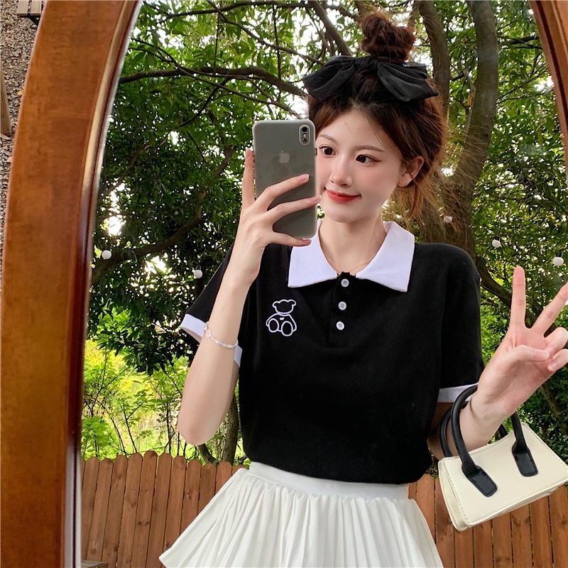 Áo kiểu SUXI cổ polo họa tiết đơn giản thời trang mùa hè dành cho nữ
