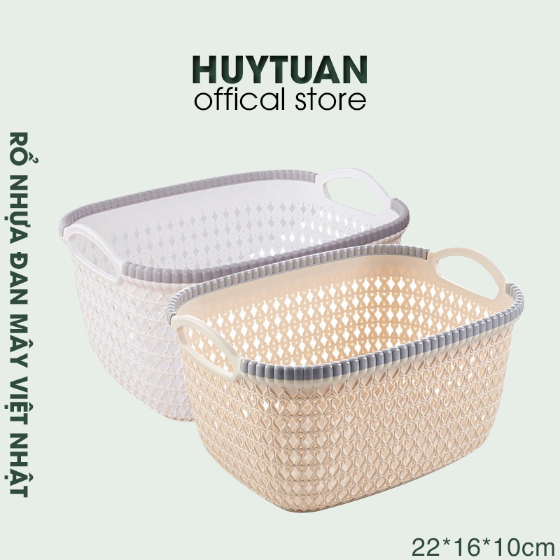 Rổ nhựa giả đan mây Việt Nhật 3377-1 - Rổ nhựa chữ nhật đựng đồ có quai cầm màu pastel xinh xắn