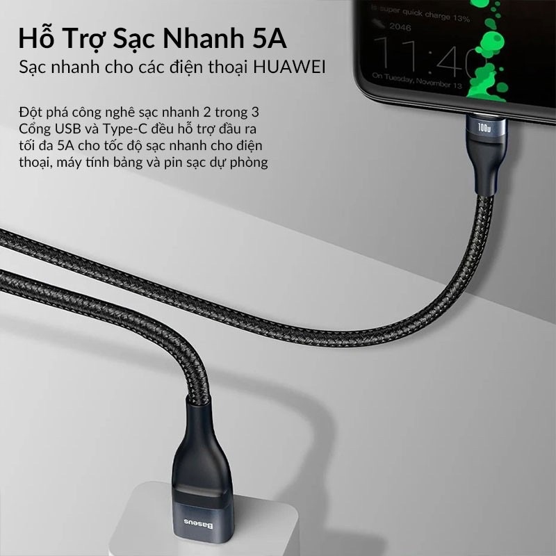 Cáp sạc nhanh 3 đầu Baseus Flash Series 3in1 Plus (USB+ Type C to Micro+Lightning + Type C, 100W Quick Charge and Data)