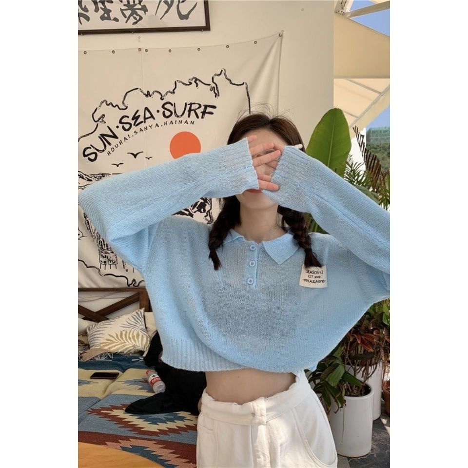 Áo thun Polo dệt kim mỏng tay dài dáng rộng cổ Polo thời trang mùa hè Hàn Quốc mới cho nữ