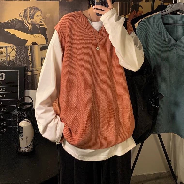 Áo Sweater Dệt Kim Không Tay Cổ Chữ V Dáng Rộng Màu Trơn Thời Trang Mùa Thu Dành Cho Nam
