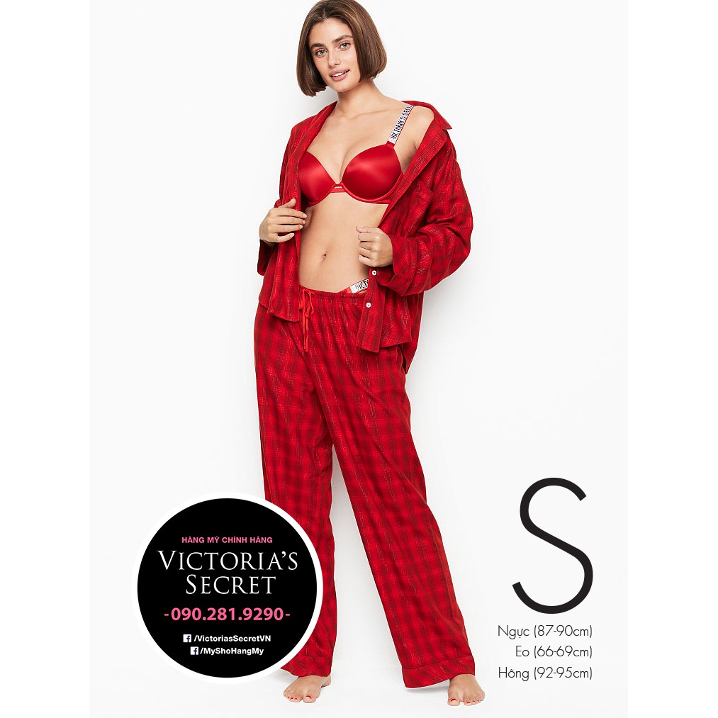(Sleep S) - Bộ đồ ngủ dài, caro đỏ (18), viền lấp lánh, Shimmer Flannel Long, Red Plaid, dài 31 inch - Victoria's Secret