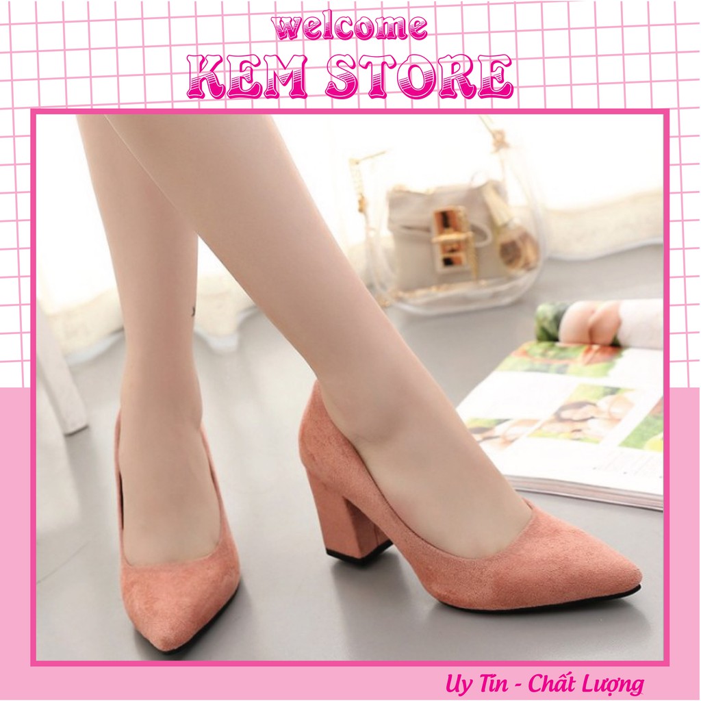 Giày cao gót đế vuông, da lộn 7cm