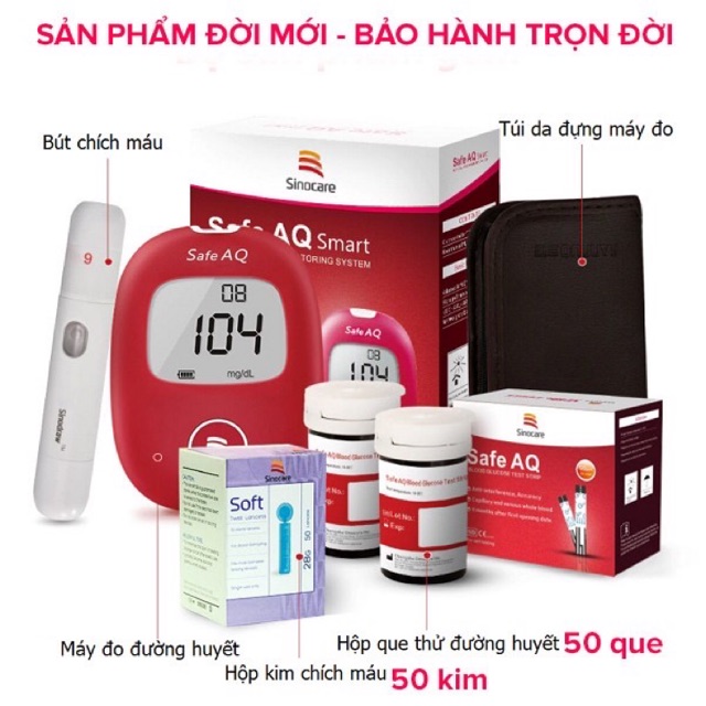 Máy đo đường huyết Safe AQ ( 50 que + 50 kim) tặng 1 hộp bông cồn