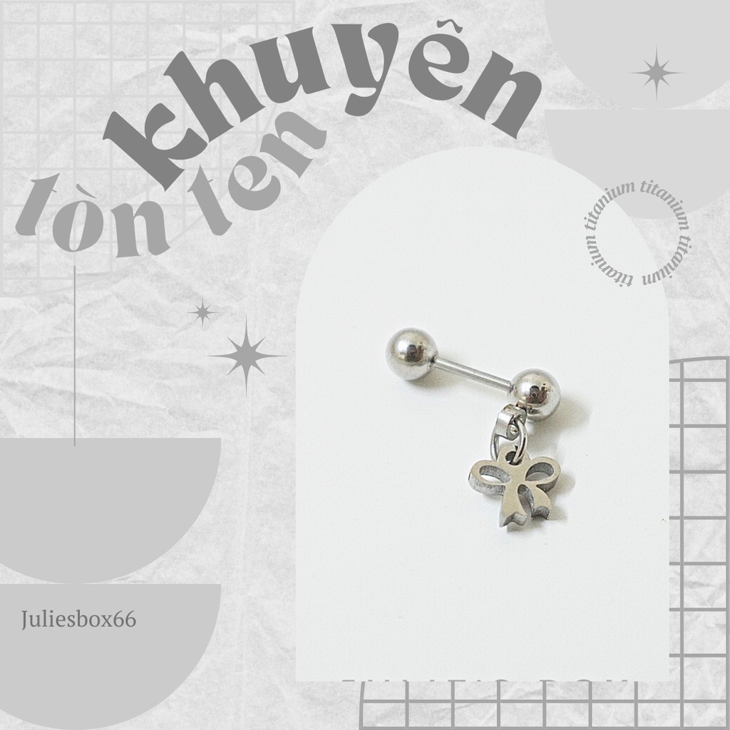 [1 Chiếc] Khuyên Tai Titan Unisex Có Charm Hình Nơ Màu Bạc Đuôi Bi Không Gỉ Sét Không Ngứa Bông Tai Julies Box 66