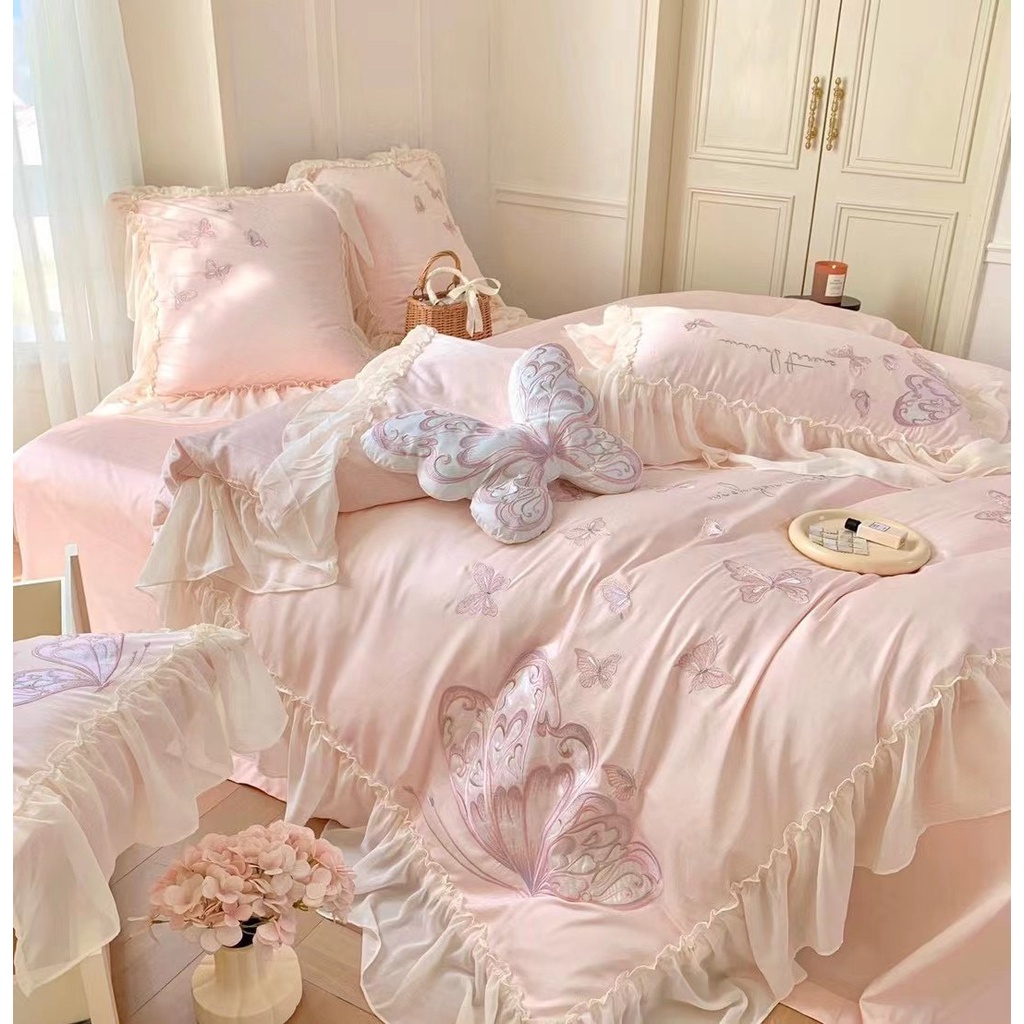 Bộ 4 Món Chăn Ga Gối Lụa 100s Butterfly Họa Tiết Thêu Nhập Khẩu Cao Cấp - Meo Meo Bedding - Cotton Sóng