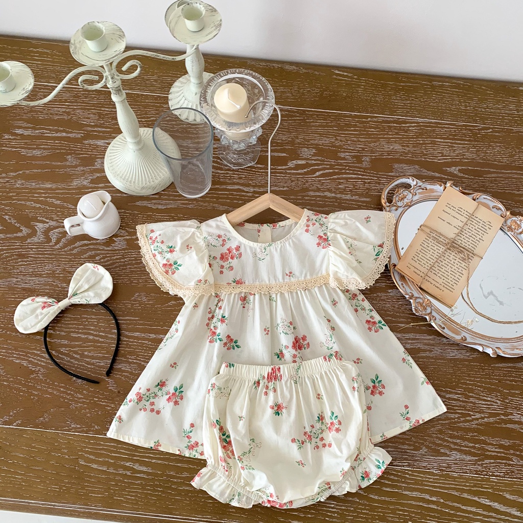 Set Đồ Mùa Hè 3 Món Gồm Áo Sơ Mi Tay Cộc In Hoa Màu Hồng + Quần Ngắn + Băng Cài Đầu Dễ Thương Cho Bé Gái 0-2 Tuổi