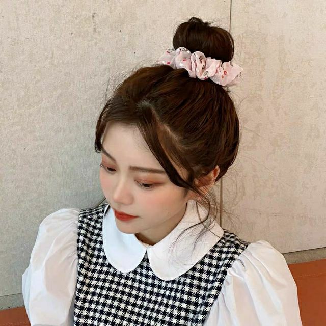 Dây cột tóc scrunchies vải voan họa tiết cherry