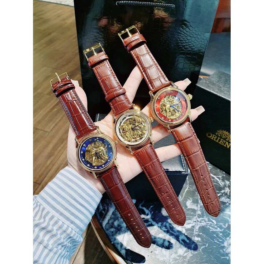 Đồng hồ nam automatic pictet 123888 , mặt hình trâu vàng - song mã - dây da nâu - size 40mm