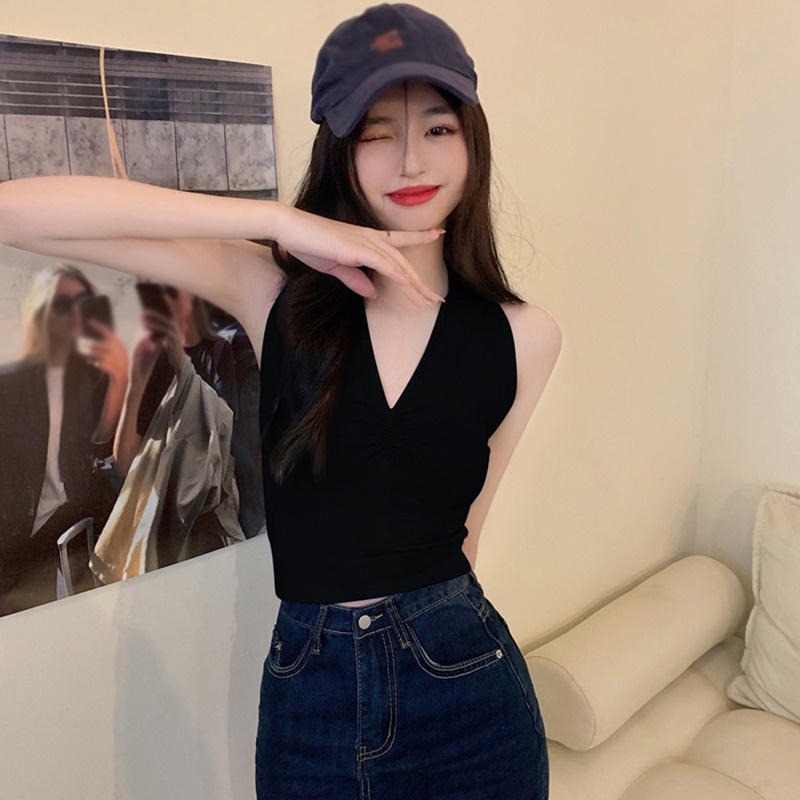 Áo Dệt Kim Không Tay Cổ Chữ V Xếp Ly Phong Cách Hàn Quốc