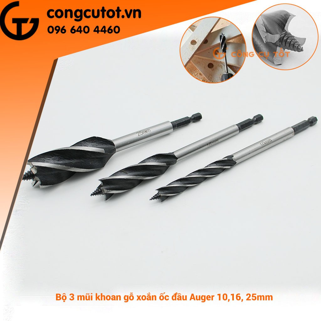 BỘ 3 MŨI KHOAN GỖ XOẮN ỐC AUGER SỐ 10,16,25MM