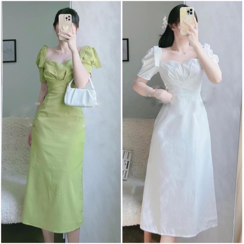 Đầm midi xanh bơ cổ vuông tay phồng chéo ngực dây vai