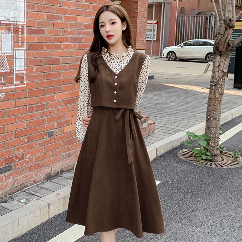 Đầm PERTY giả hai lớp eo cao tay dài phối họa tiết hoa thời trang thu đông Hàn Quốc mới dành cho nữ