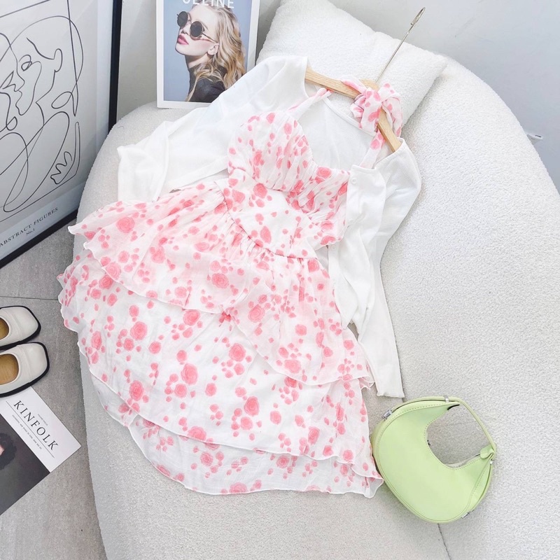 Set Đầm 2S Hoa Nút Ngọc Kèm Khoác Croptop Hồng Bèo Nữ Tính Siêu Xinh