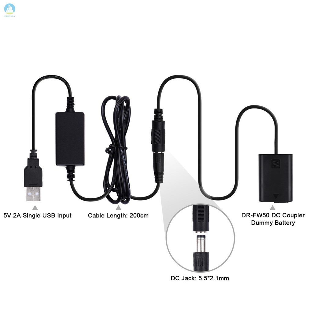 MI   Andoer DR-FW50 Fully Decoded DC Coupler Dummy Battery Replace of NP-FW50 Battery with USB DC Converter Power Cable Wall Plug Compatible with  A7 A7R A7S A7M A7II A7S2 A7M2 A7R2 A6500 A6400 A6300 A6100 A6000 A5100 A5000 A3000 NEX5 NEX7 DSC-RX10