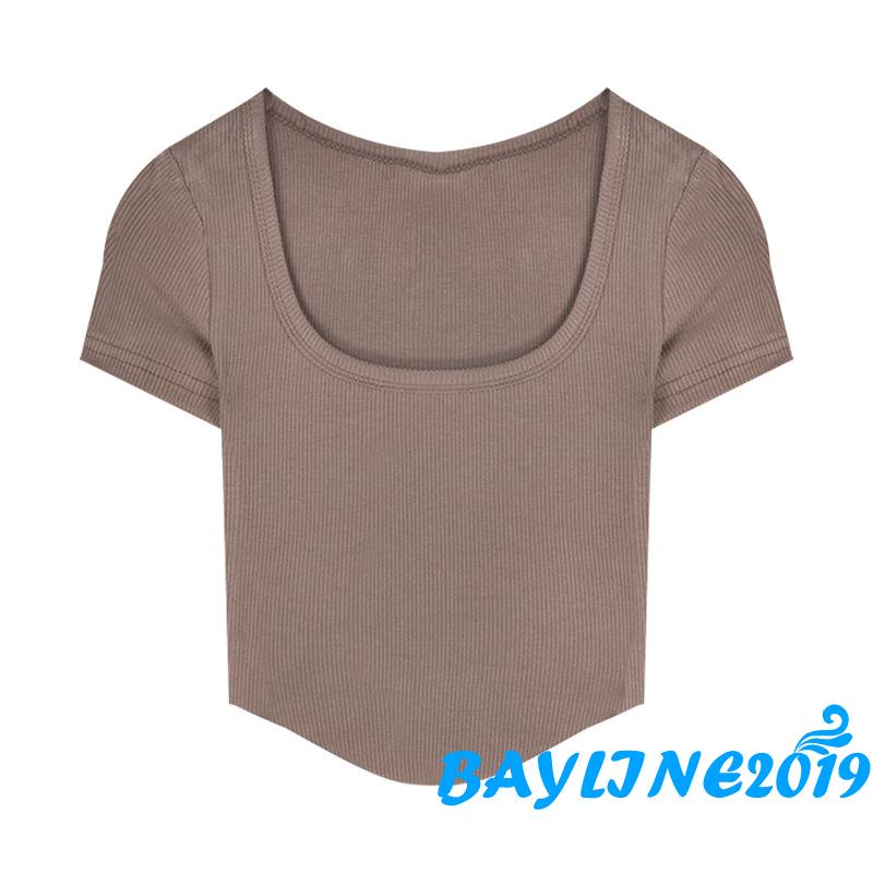 Áo Crop Top Tay Ngắn Cổ Chữ U Màu Trơn Thời Trang Mùa Hè Cho Nữ