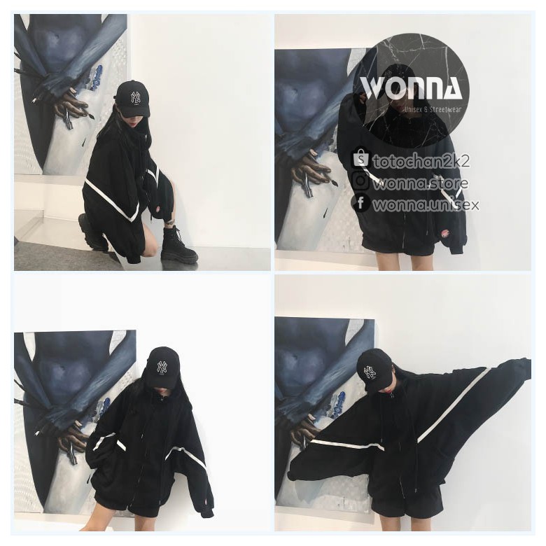 (ORDER) (Kèm ảnh thật) Áo Khoác Nỉ Unisex Ulzzang Oversize Hàn sọc viền trắng form rộng áo nam nữ Quảng Châu đỏ đen | BigBuy360 - bigbuy360.vn