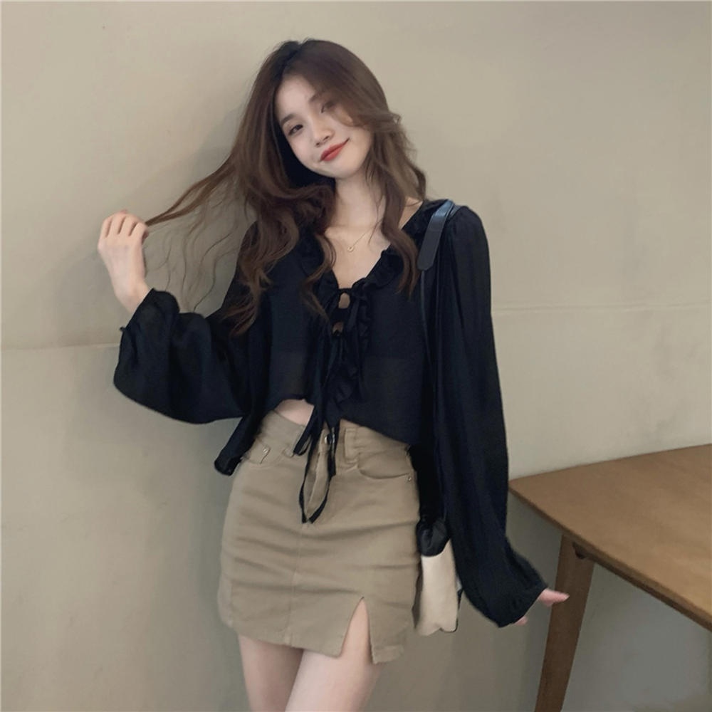 Áo Sơ Mi Tay Dài Cổ Lá Sen Cột Dây Màu Đen Thời Trang 50805