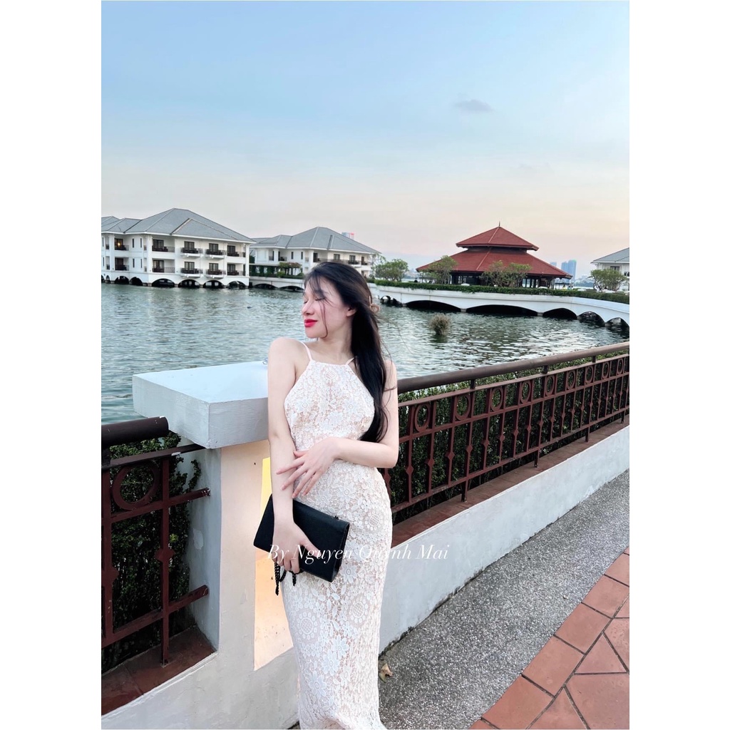 Đầm Body Ren Đai Đá Cổ Yếm Xanh Biển + Trắng
