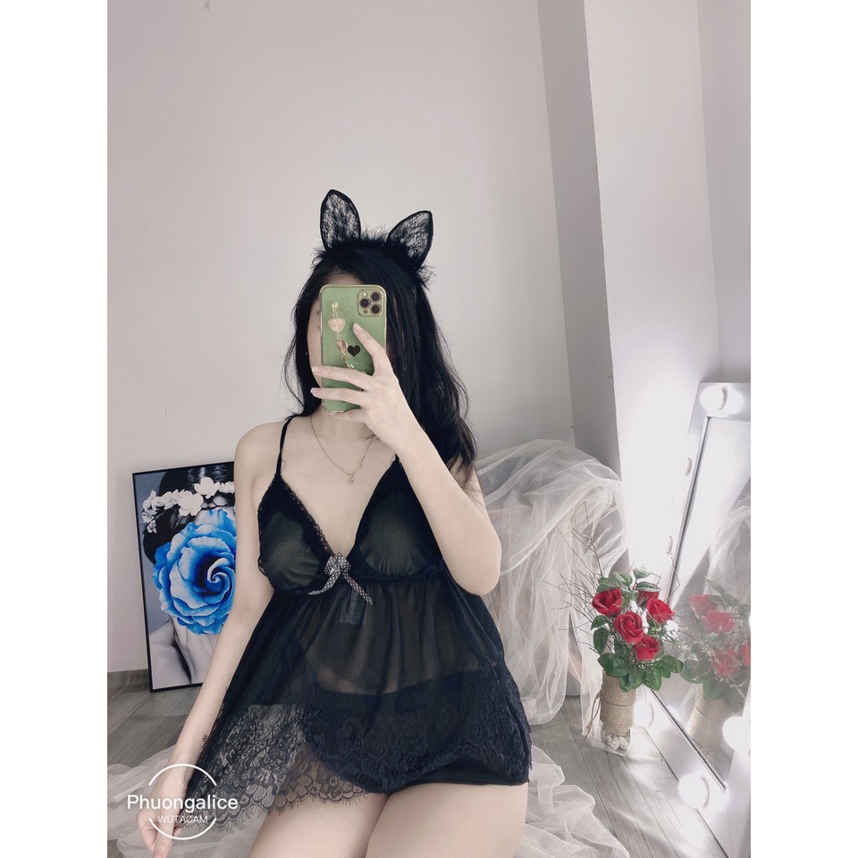 Đồ ngủ nữ hai dây, bộ ngủ sexy có mút ngực chất voan phối ren chéo lưng mặc ngủ- Phuongaliceshop