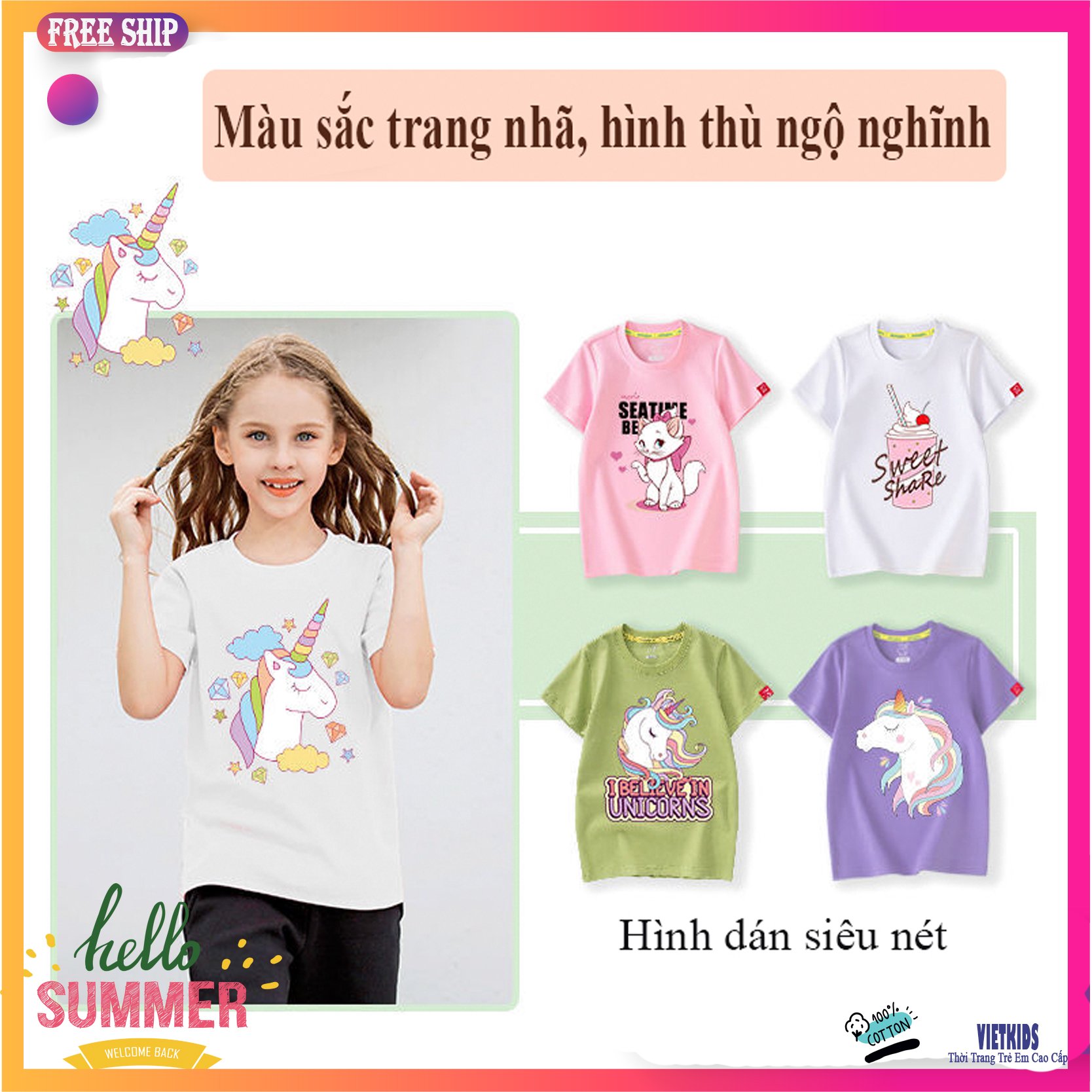 [4-11 tuổi/ cotton 100%] Áo Thun bé gái/ Áo Phông ngắn tay cho bé gái hình cầu vồng, unicorn... size lớn [LINK2]